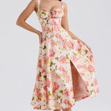 Carmen | Pink Peony Lace Up Back Floral Side Split Midi Dress