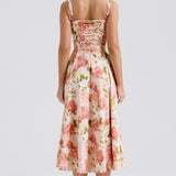 Carmen | Pink Peony Lace Up Back Floral Side Split Midi Dress