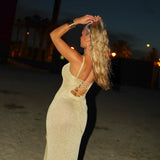 Isolde | Lace-Up Back Metallic Knit Maxi Dress with Thigh-High Slit