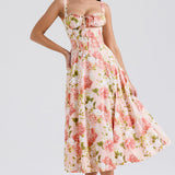 Carmen | Pink Peony Lace Up Back Floral Side Split Midi Dress