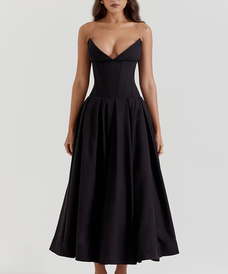 Nyssa | Full Pleated Romantic Silhouette Boned Corset Midi Dress