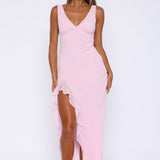 Cenny | Bold Thigh-High Slit Vibrant V-Neck Ruffle Maxi Dress