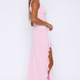 Cenny | Bold Thigh-High Slit Vibrant V-Neck Ruffle Maxi Dress