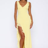 Cenny | Bold Thigh-High Slit Vibrant V-Neck Ruffle Maxi Dress