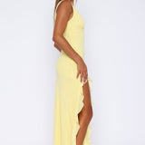 Cenny | Bold Thigh-High Slit Vibrant V-Neck Ruffle Maxi Dress