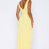 Cenny | Bold Thigh-High Slit Vibrant V-Neck Ruffle Maxi Dress