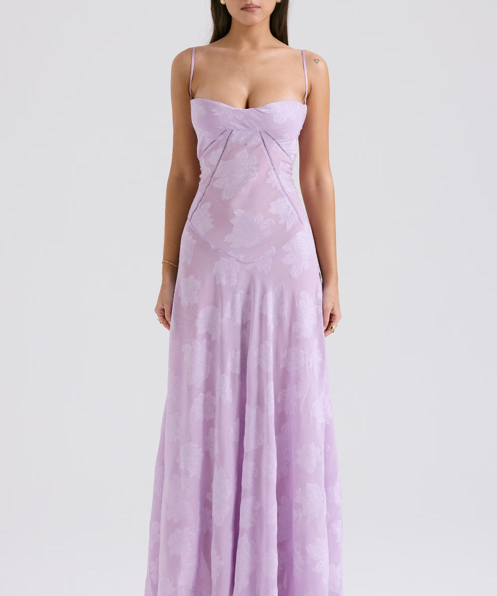 Adelle | Floral Jacquard Lace-Up Maxi Dress
