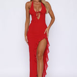 Heat | Plunge Neckline  Ruffled Thigh-High Slit Maxi Dress
