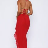 Heat | Plunge Neckline  Ruffled Thigh-High Slit Maxi Dress
