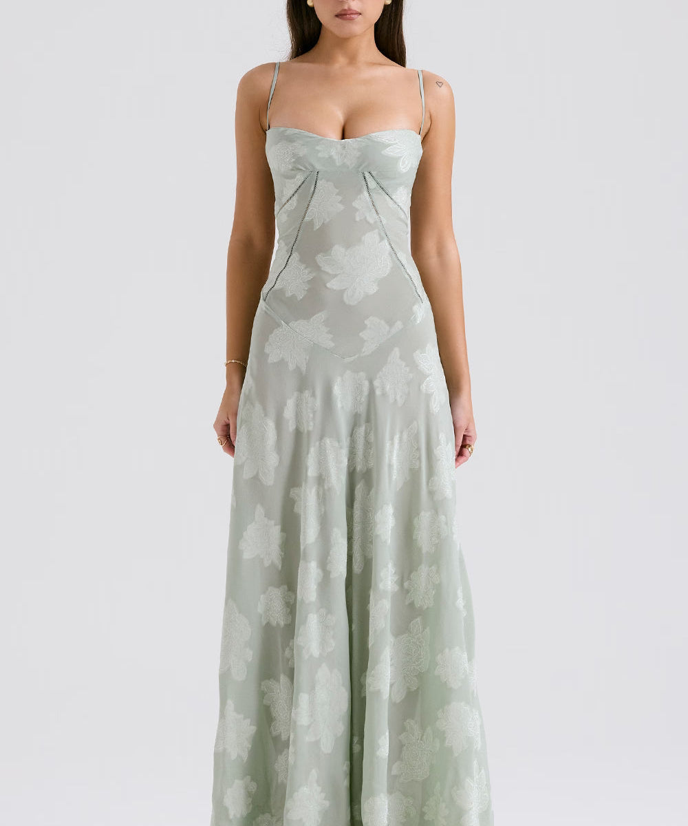 Adelle | Floral Jacquard Lace-Up Maxi Dress