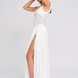 Louisa | Ethereal Floral Ruched Maxi Dress with High Slit