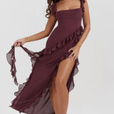 Soho | Square Neck Thigh-High Slit Ruffle Side Maxi Dress