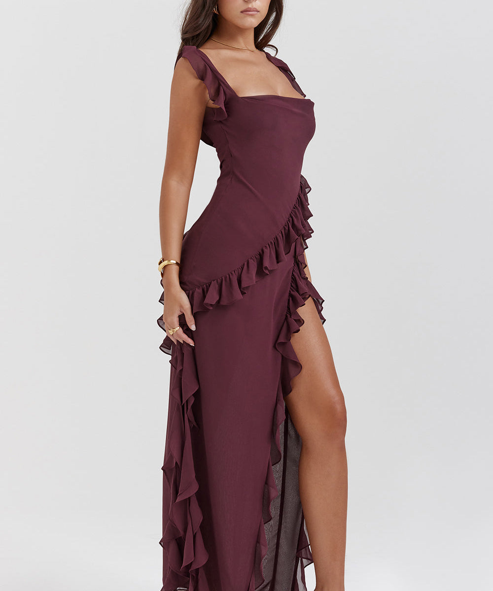 Soho | Square Neck Thigh-High Slit Ruffle Side Maxi Dress