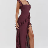 Soho | Square Neck Thigh-High Slit Ruffle Side Maxi Dress