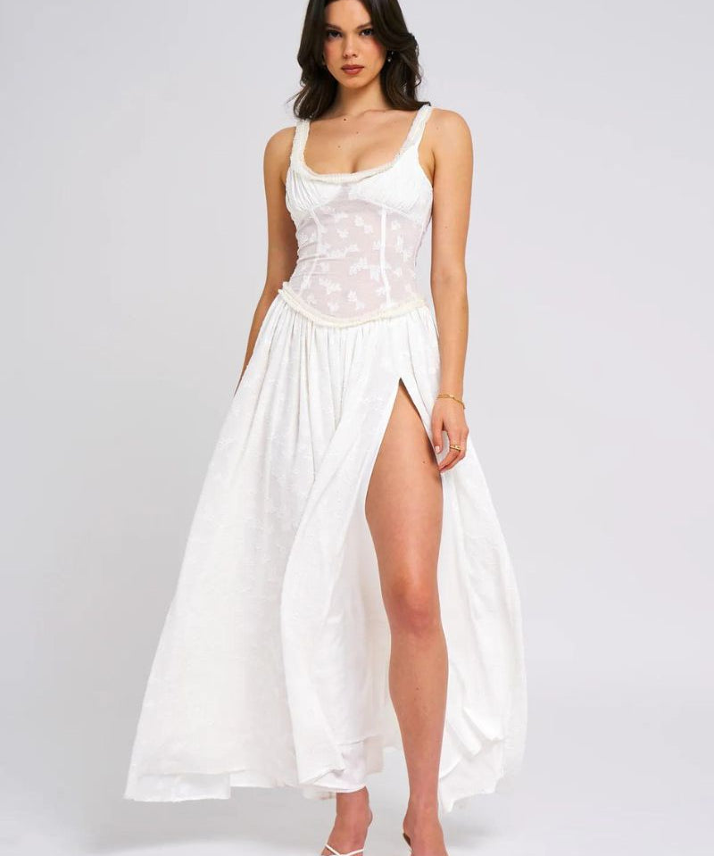 Louisa | Ethereal Floral Ruched Maxi Dress with High Slit