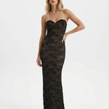 Catrine | Sheer Floral Lace Corset Maxi Dress with Detachable Sleeves