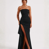 Meadow | Strapless Ruched Crepe Thigh-High Split Maxi Dress