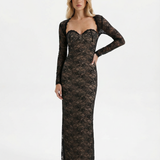 Catrine | Sheer Floral Lace Corset Maxi Dress with Detachable Sleeves