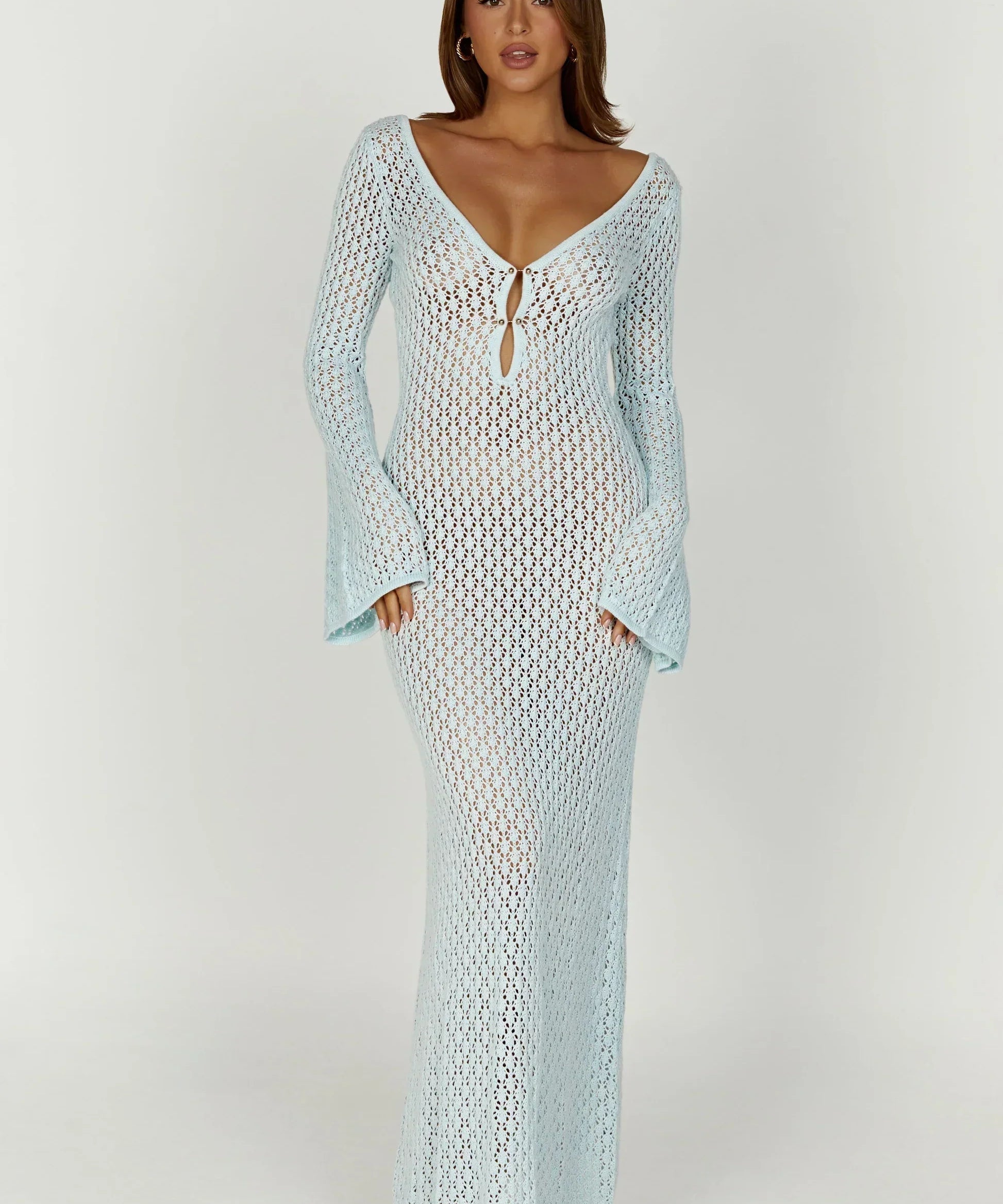 Kelsey | Breezy Flared Sleeve Open-Knit Maxi Dress