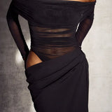 Alice | Sheer Mesh Bodice Off-Shoulder Cowl Maxi Dress
