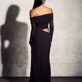 Alice | Sheer Mesh Bodice Off-Shoulder Cowl Maxi Dress