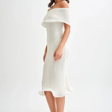 Melania | Textured Knit Ruffle Trim Off-The-Shoulder Midi Dress