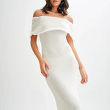 Melania | Textured Knit Ruffle Trim Off-The-Shoulder Midi Dress
