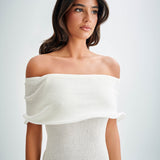 Melania | Textured Knit Ruffle Trim Off-The-Shoulder Midi Dress