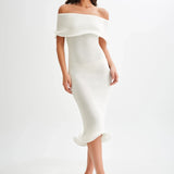 Melania | Textured Knit Ruffle Trim Off-The-Shoulder Midi Dress