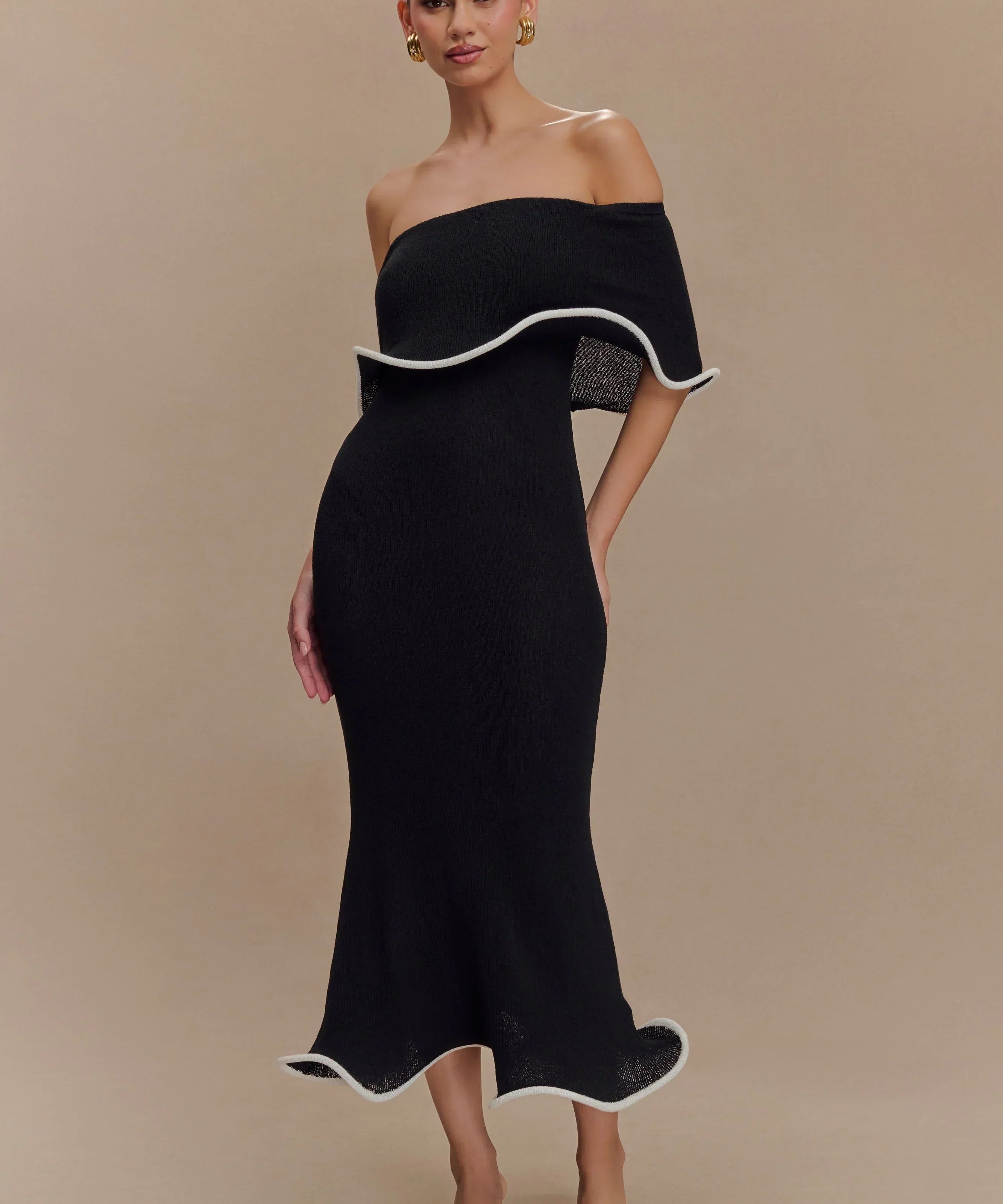 Melania | Textured Knit Ruffle Trim Off-The-Shoulder Midi Dress
