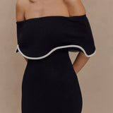 Melania | Textured Knit Ruffle Trim Off-The-Shoulder Midi Dress