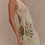 Corinne | Plunging Open-Back Sequin Sunburst Maxi Dress