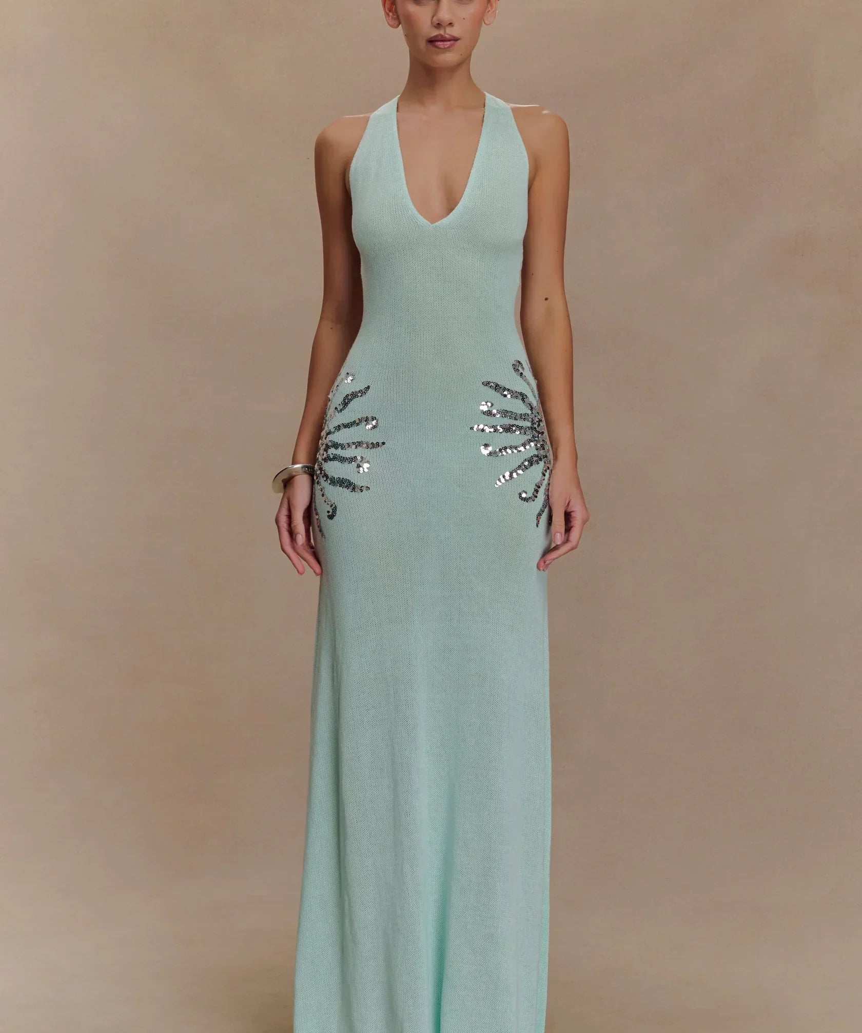 Corinne | Plunging Open-Back Sequin Sunburst Maxi Dress