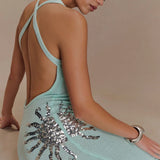 Corinne | Plunging Open-Back Sequin Sunburst Maxi Dress