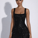 The Solar | Square Neck Rhinestone Stretch Net Mini Dress