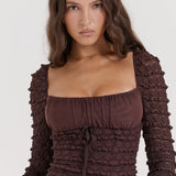 Marisa | Rich Brown Floral Lace Drawstring Bust Mini Dress