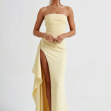 Meadow | Strapless Ruched Crepe Thigh-High Split Maxi Dress