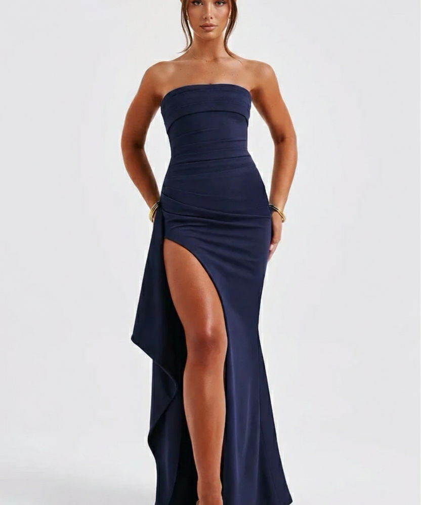 Meadow | Strapless Ruched Crepe Thigh-High Split Maxi Dress
