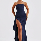 Meadow | Strapless Ruched Crepe Thigh-High Split Maxi Dress