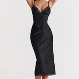 Salma | Black Satin Slip Detachable Corset Midi Dress