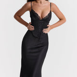 Salma | Black Satin Slip Detachable Corset Midi Dress
