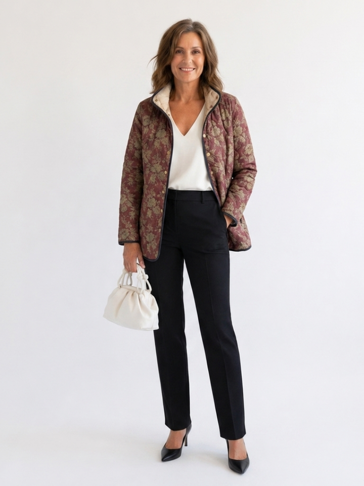 Sophie | Quilted Jacket with Burgundy Damask Pattern