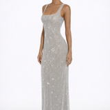 Elara | Sculpted Square Neck Crystal Mesh Maxi Dress