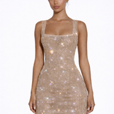 The Solar | Square Neck Rhinestone Stretch Net Mini Dress