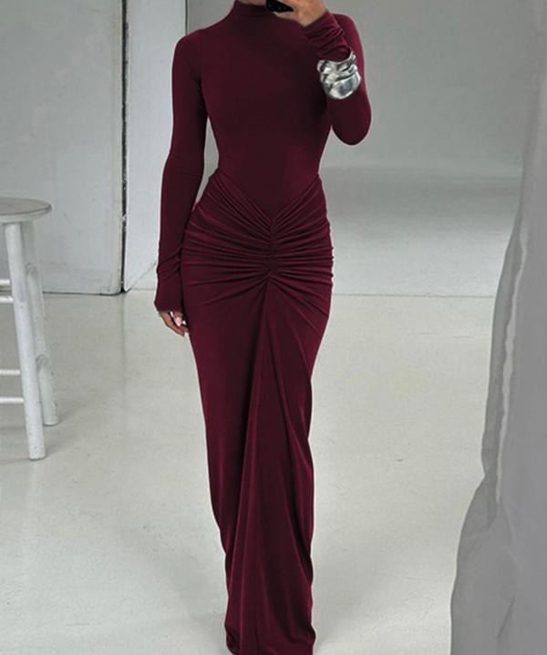 Gilded | Classy Ruched Long Sleeve Mock Neck Maxi Dress
