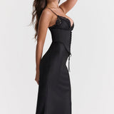 Salma | Black Satin Slip Detachable Corset Midi Dress
