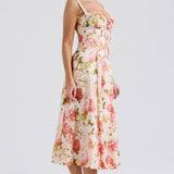 Carmen | Pink Peony Lace Up Back Floral Side Split Midi Dress