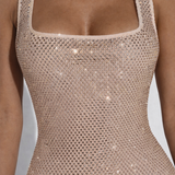 The Solar | Square Neck Rhinestone Stretch Net Mini Dress