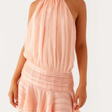 Willow | Open Back Ruffle Hem High-Neck Chiffon Mini Dress