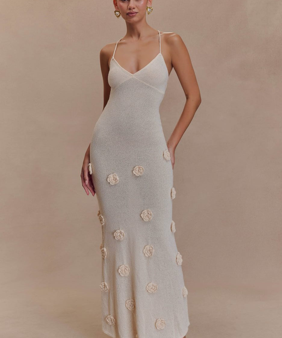Trice | Lace-Up Open Back V-Neck 3D Floral Knit Maxi Dress